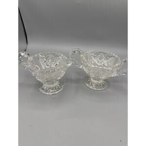 Vintage Pressed Glass Creamer Sugar Bowl Set Starburst Pedestal Clear